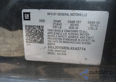 2020 Chevrolet Sonic Fwd Lt из США, поврежденный, VIN 1G1JD5SB5L4142774